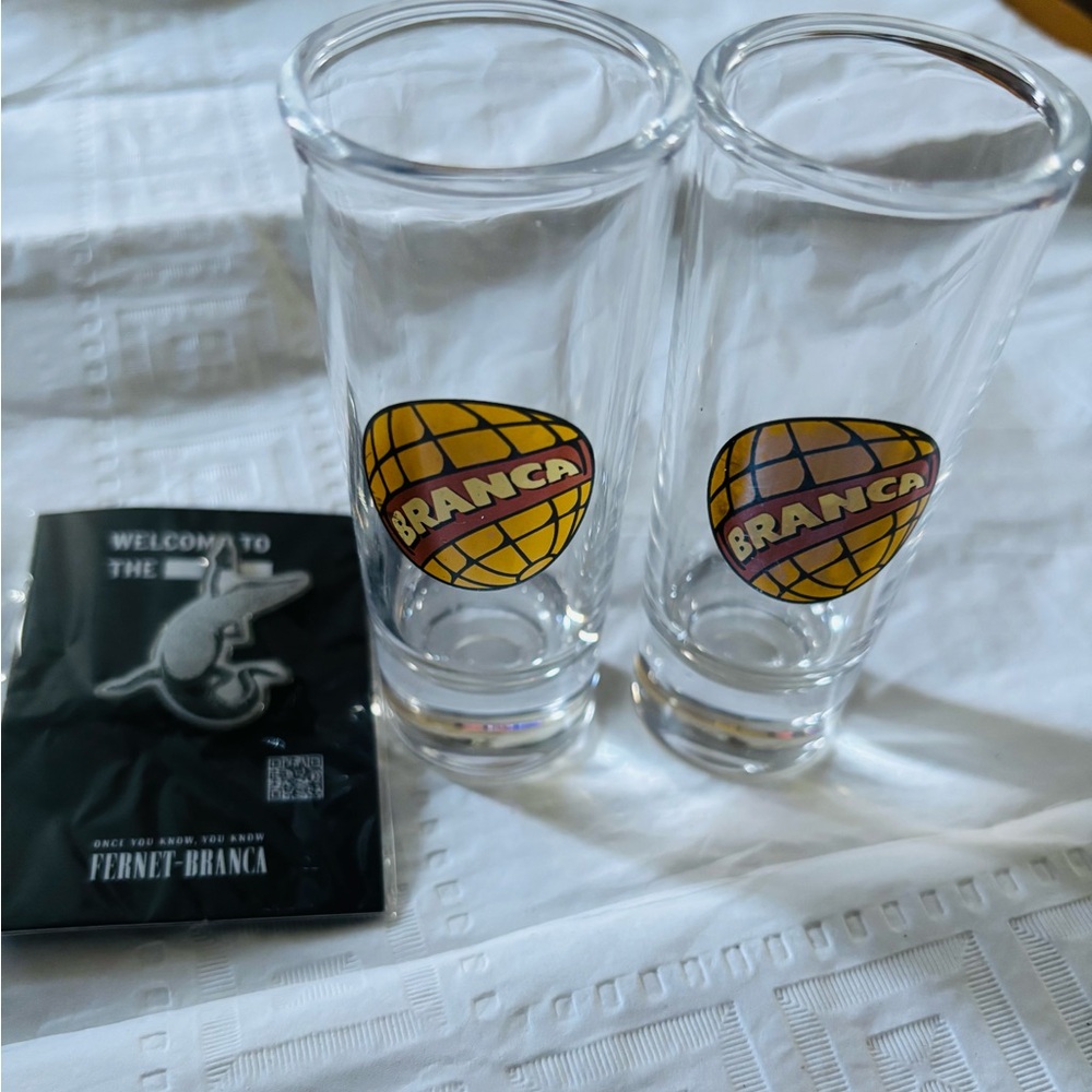 Fernet Branca Shot Glass Set With a pin!  - Clear with Yellow and Purple Logo